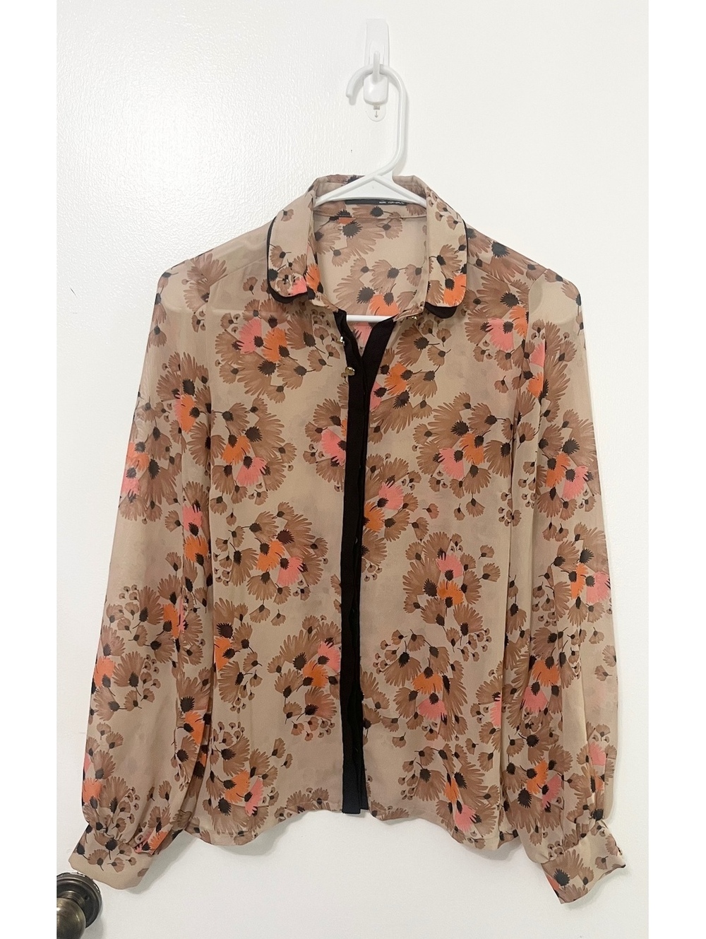 Beige floral sheer zip-front blouse